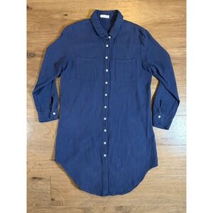 4our Dreamers Navy Blue Cotton Double Gauze Button Down Shirt Dress Tunic Small